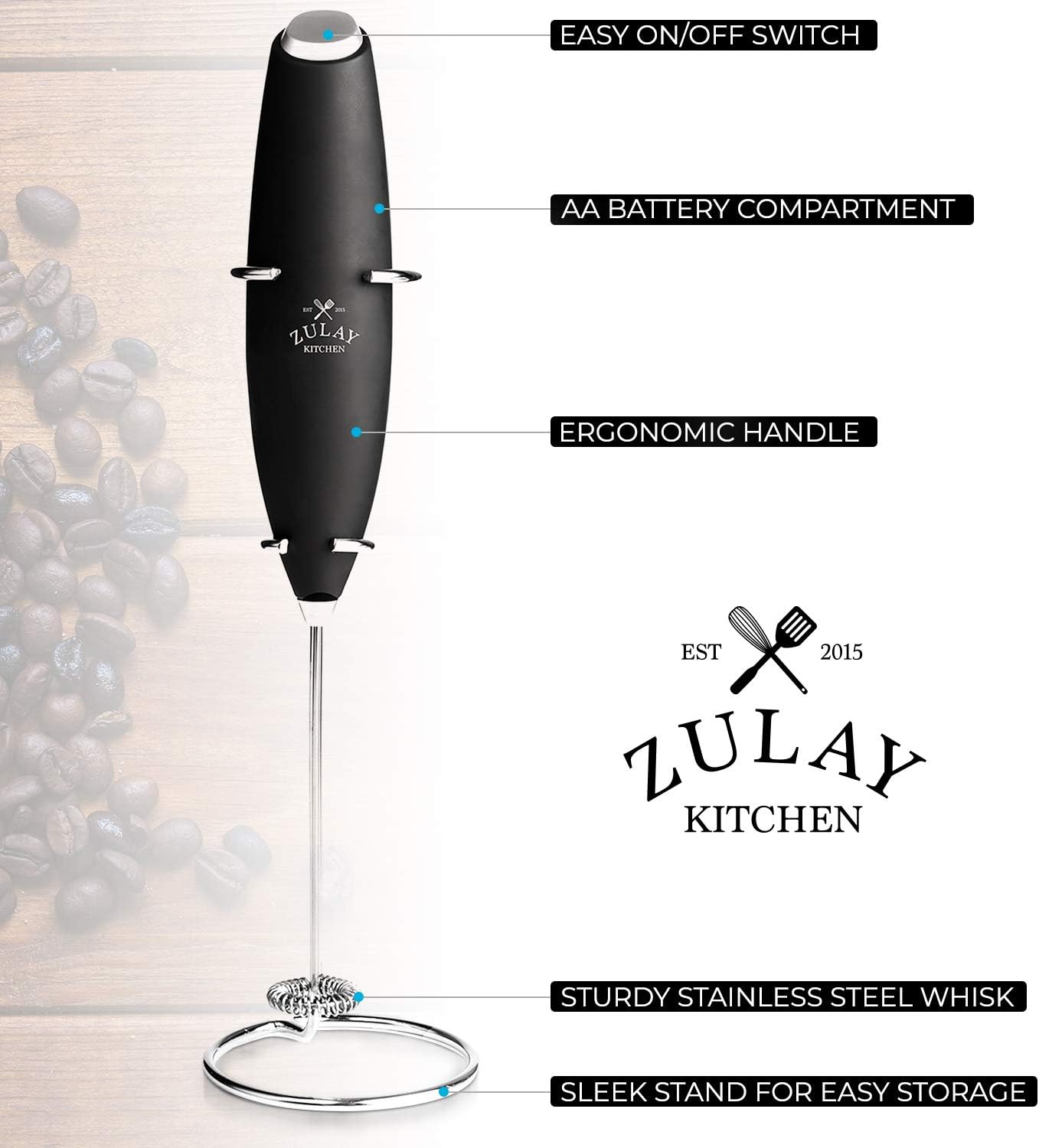 Zulay Original Milk Frother Handheld Foam Maker for Lattes - Whisk Drink Mixer for Coffee, Mini Foamer for Cappuccino, Frappe, Matcha, Hot Chocolate by Milk Boss (Black): Kitchen & Dining