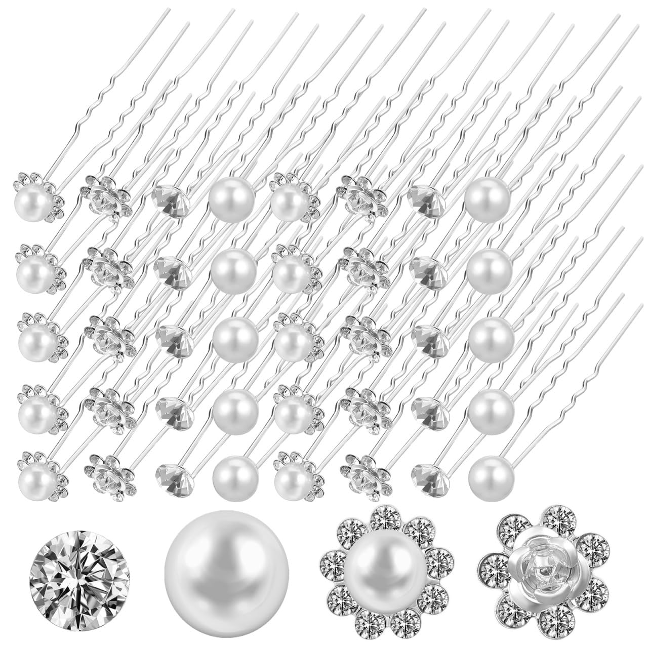 Healeved 40Pcs Bridal Hair Forks Pearl Rhinestone Hair Pins U Shape Wedding Accessories for Women Bridesmaids Elegant Updo Styling Set (4 Styles, 10 Pieces Each)