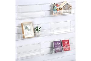 Briwooody 6 Pack Slatwall J Ledge Shelf, Clear Acrylic Slatwall Shelves with Lip Hanging Storage Accessories for Retail Display Boutiques Home Stores Boutiques (12 Inch Wide by 3 Inch Deep,Classic)