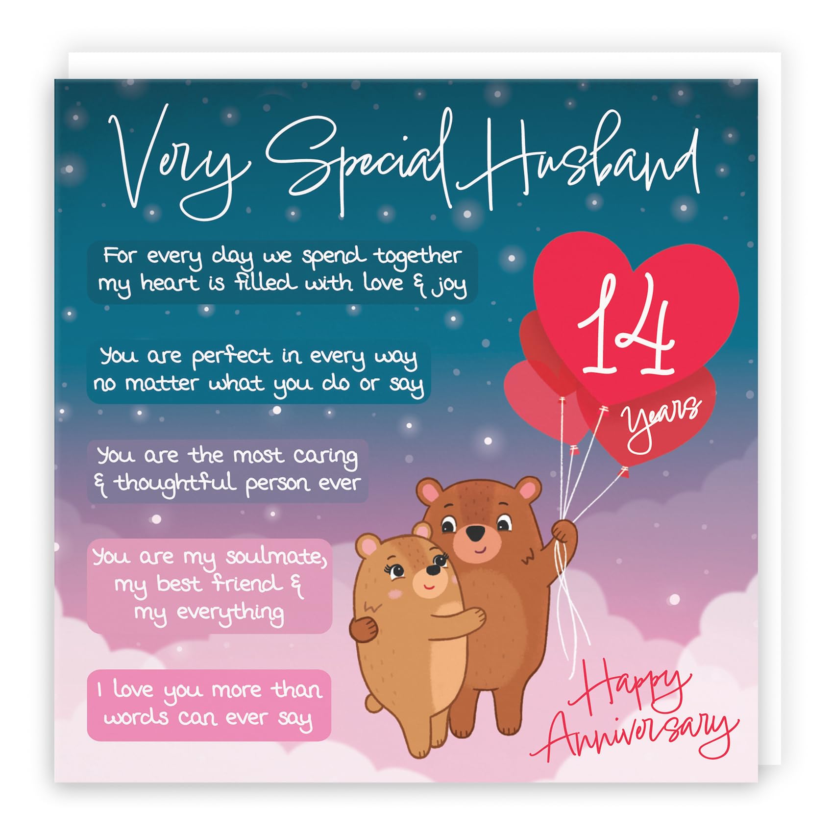 Hunts England - 14th Anniversary Card for Husband - Starry Night, Cute Bears, Romantic Poem