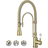 Ialtruistic Antique High Arc Classical Single Handle Spring Kitchen Faucet with Pull Down Sprayer, Swiveling Commercial Kitchen Sink Faucets for Farmhouse, Vintage Sink Faucet, Brushed Gold
