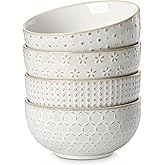 MALACASA Cereal Bowls, 30 Ounce Ceramic Soup Bowl for Kitchen, Stoneware Bowls Set of 4 with Embossment for Pho, Chip, Fruits, Salad, Noodle, Ramen - 6 Inch, Arctic White Series LYDIA