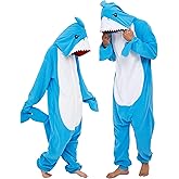 dressfan Unisex Adults Blue Shark Costume Halloween Cosplay Costume Onesie Pajamas Hooded for Women Men