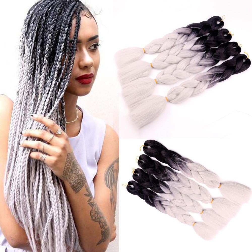 3Pcs/Lot Ombre Kanekalon Braiding Hair Extensions 24" 100g/pcs Synthetic Jumbo Hair Extensions(Black and Gray)