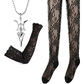 Eye of Death Necklace Missa Cosplay costume Anime jewelry accessories set Solid Colored Fingerless Gloves Stocking Fishnet Tights Garter Belt Stockings for Women 3 Pcs