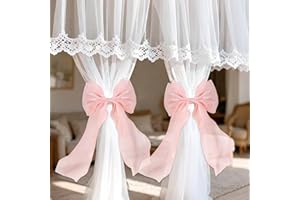 2pcs Pink Bow Curtain Tiebacks, Elegant Lace Ribbon Bowknot Curtain Holdbacks, Drapery Ties Holder for Women Girls Room Bedro