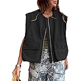 Shebote Womens Casual Zip Up Cargo Vest Top Oversized Lightweight Ruched Hem Sleeveless Blazer Jackets Vest Tops