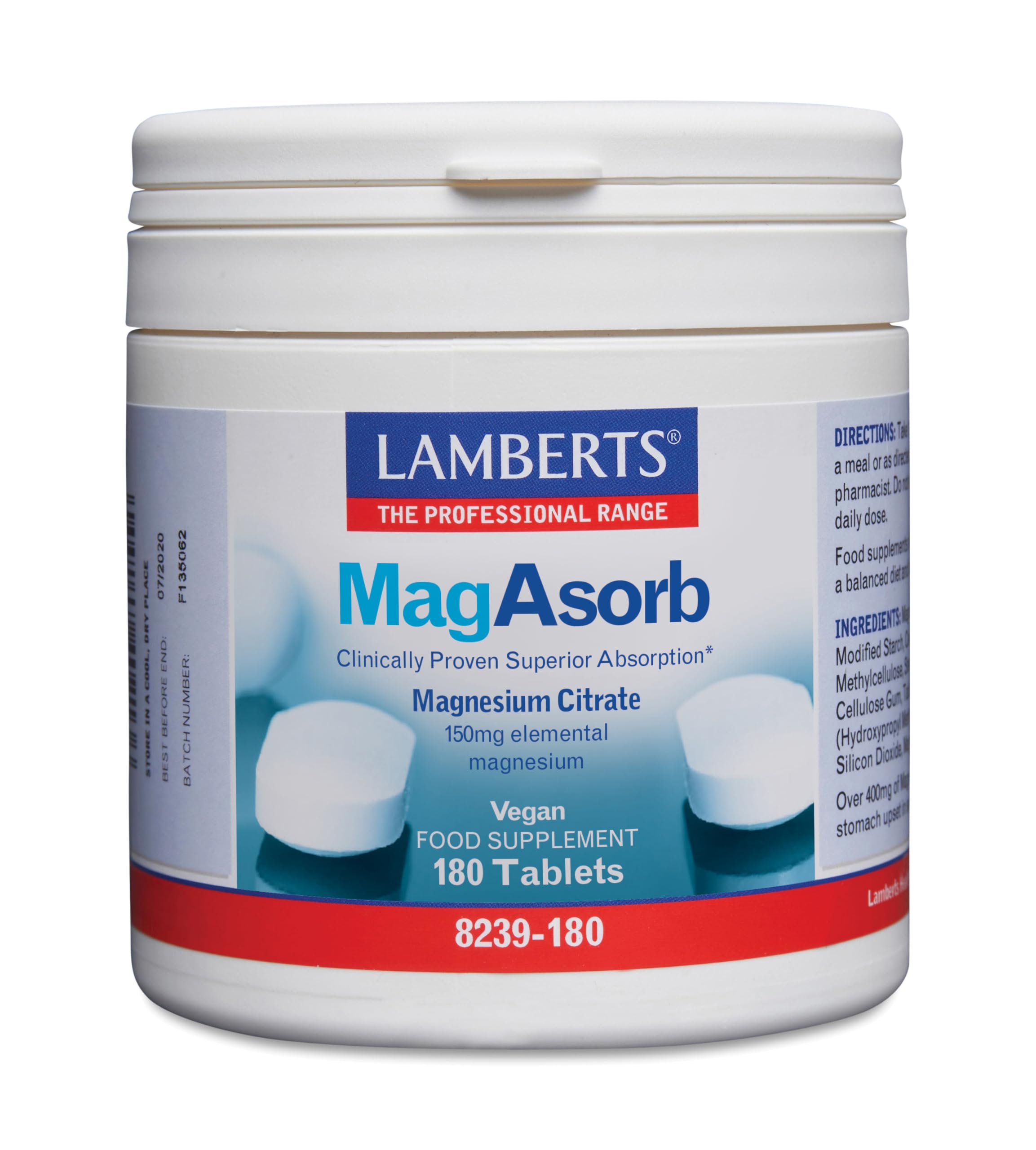 Lamberts MagAsorb Magnesium 150mg – High Absorption Magnesium Citrate – 180 Tablets
