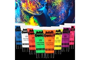 Bowitzki UV Neon Face Body Paint 8 Tubes 0.34oz Liquid Kit Black Light Glow in The Dark Makeup Set Fluorescent Painting for Adults Kids Music Festivals Party Halloween Christmas