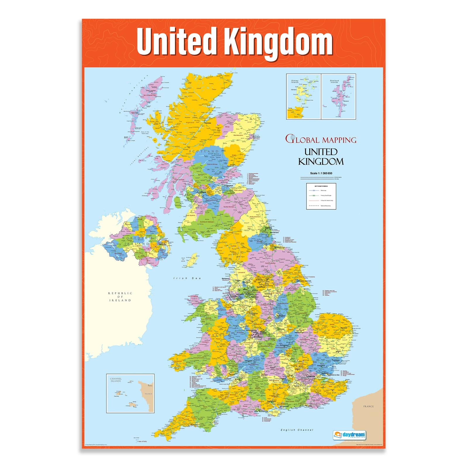 DayDream Education Map of the United Kingdom Poster, Extra Large A1 Gloss Paper (850 mm x 594 mm), Detailed Geography Classroom Wall Chart for Primary & Secondary School