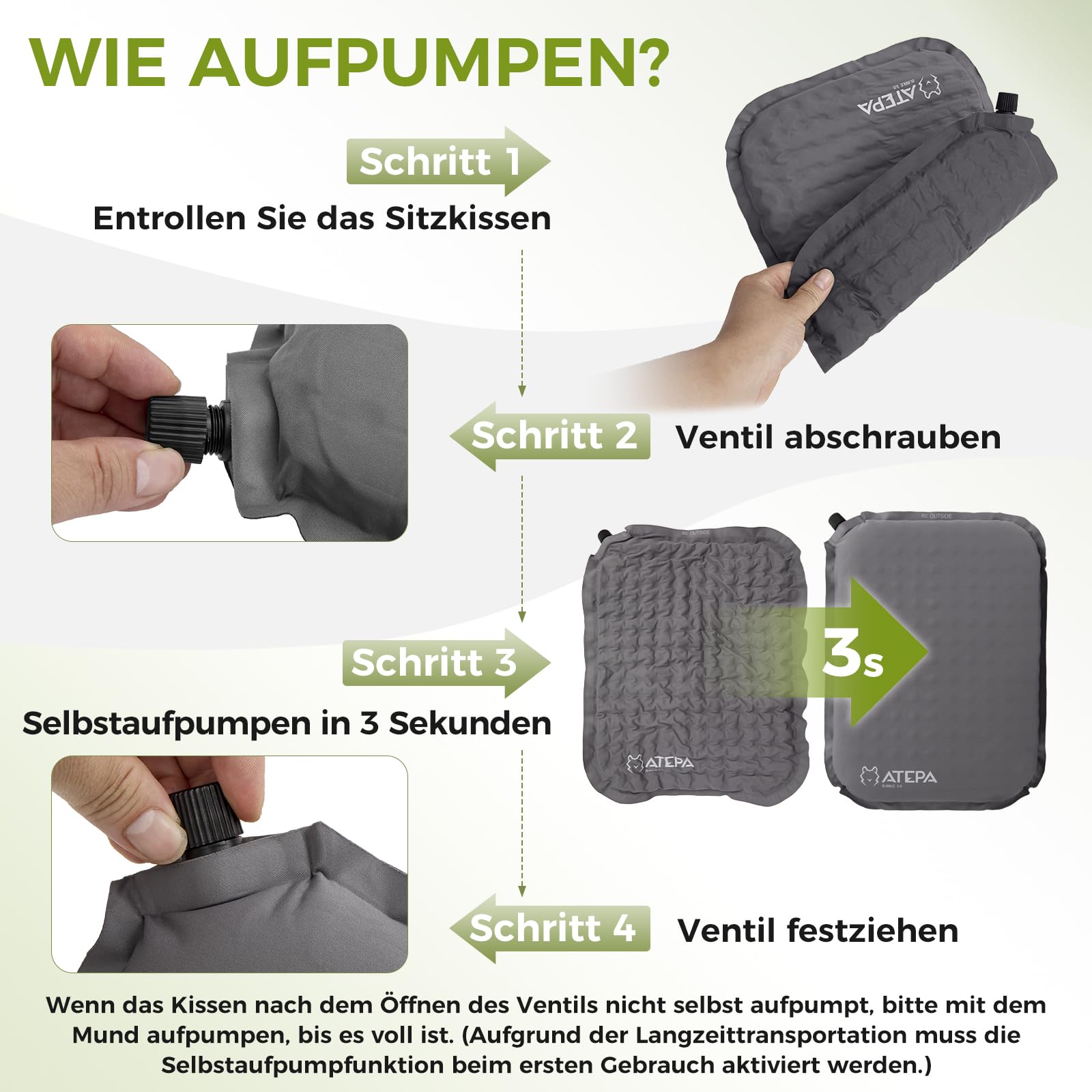 ATEPA Sitzkissen Outdoor, Faltbar Aufblasbar Stadion Flugzeug Unterwegs Camping Wander Bürostuhl Ultraleicht Foam Selbstaufblasend Sitzkissen, Grau 3