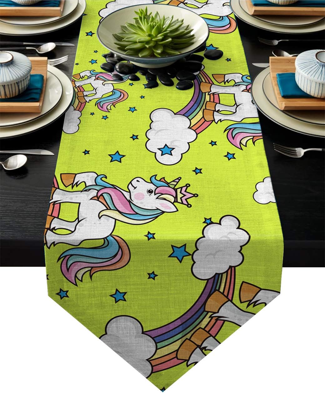 Fandim Fly Dining Table Runner 16 x 72 Inch, Cartoon Unicorn and Rainbow,Yellow Background Table Runners for Morden Stylish Wedding Party Holiday Table Setting Decor