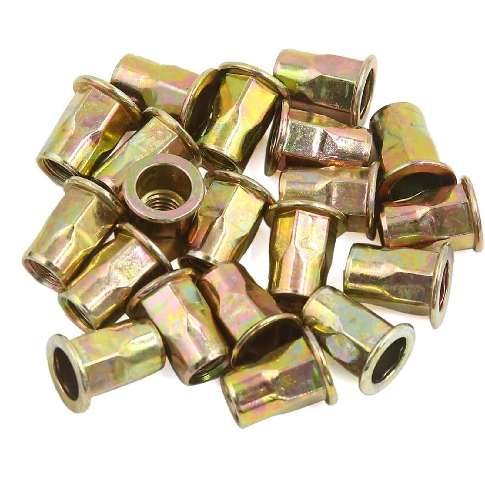 TA-VIGOR 20Pcs M8 Rivet Nuts, Carbon Steel Knurled Flat Head Threaded Insert Nut Yellow Zinc Plated for Automotive Furniture