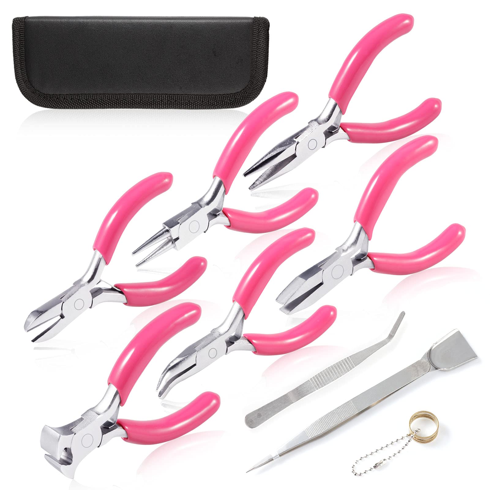 SPEEDWOX 3" Jewelry Pliers Set, 10 Pack Include Wire Cutters Bent Nose Pliers Round Nose Pliers Long Nose Pliers End Nipper Flat Nose Pliers, with Storage Pouch Tweezers with Shovel for DIY Craft