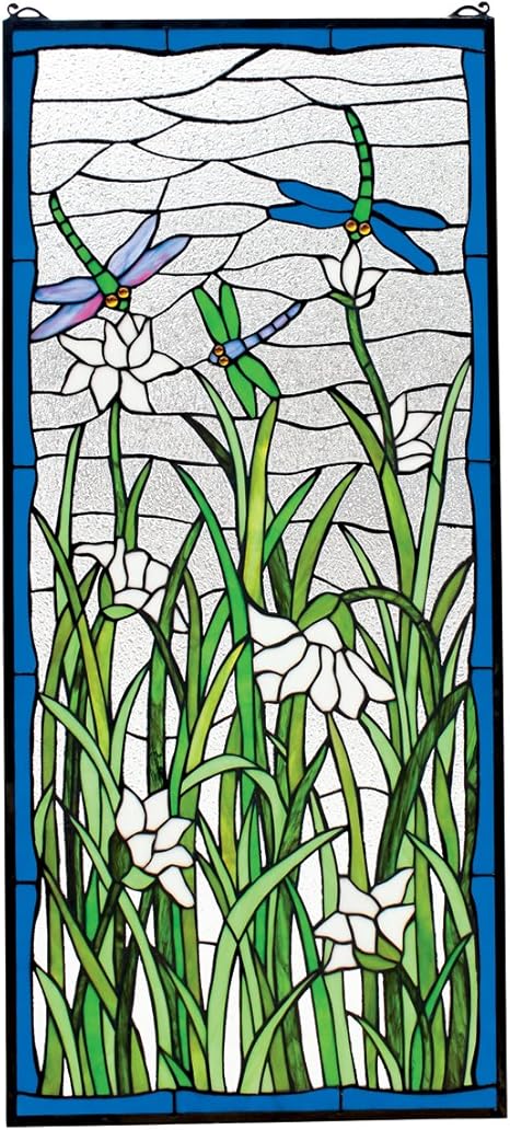 Amazon Com Design Toscano Dragonfly Dance Stained Glass Window Hanging Panel 40 Inch Grass Green Home Kitchen