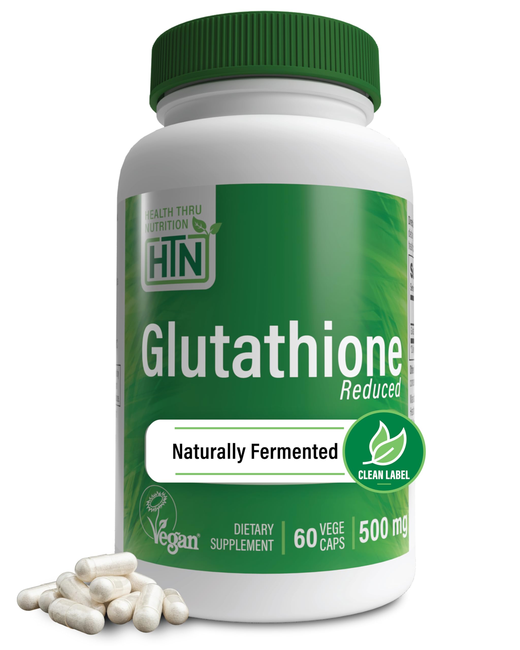 Health Thru Nutrition Glutathione Reduced 500mg | for Radiant Skin, Liver Support & Natural Detox | Vegan, Fermented, Non-GMO, Soy Free & Gluten Free Antioxidant Supplement - 60 Caps