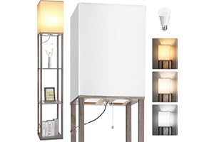 DOTT ARTS Floor Lamp with Shelves，Wood Corner Floor Lamps for Living Room Tables with 3 CCT LED Bulb,Modern Display Bookshelf Nightstand Lamps,Column Standing Lamp for Bedroom Office Home Decor-Rustic Wood