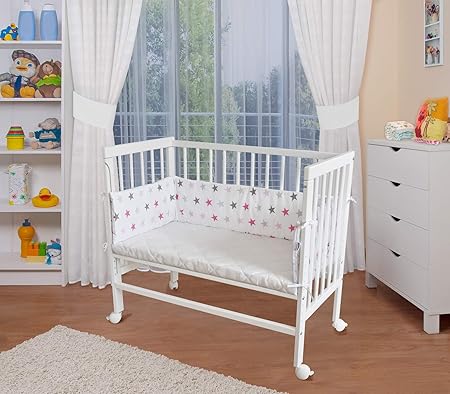 WALDIN Baby Beistellbett mit Matratze und Nestchen, höhen-verstellbar, 16 Modelle wählbar, Buche Massiv-Holz weiß lackiert,St