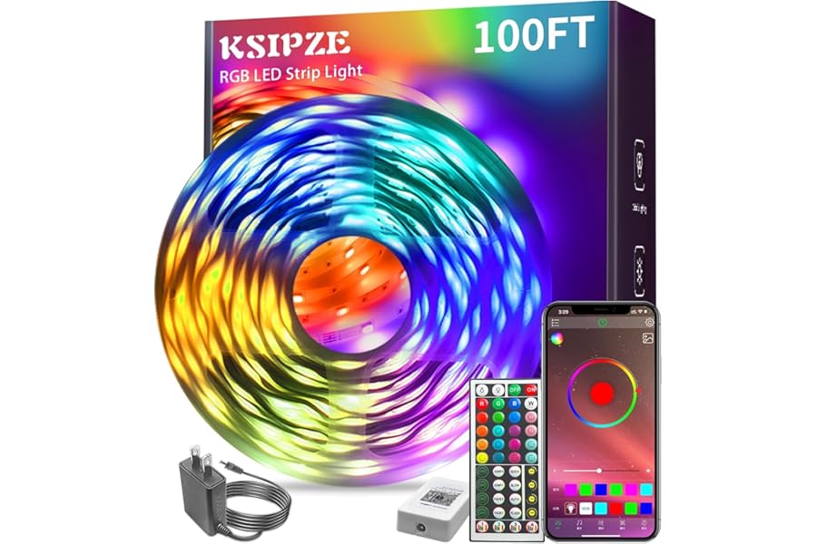 KSIPZE 100ft Led Strip Lights RGB Music Sync Color Changing Led Lights with Smart App Control Remote Led Lights for Bedroom Room Lighting Flexible Home Décor