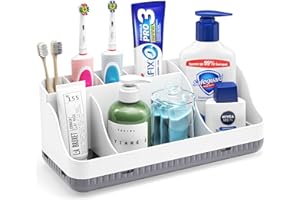 HOMTALKER Bathroom Counter Organizer and Storage, 7 Slots Detachable Toothbrush Holders for Bathrooms, Anti-Slip Electric Toothbrush and Toothpaste Holder Countertop Vanity Organizer Accessories for Adults Kids