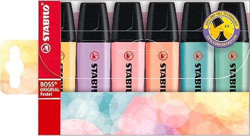 STABILO BOSS ORIGINAL Pastel - Highlighter - Pack of 6 - Milky Yellow, Creamy Peach, Pink Blush, Lilac Haze, Hint of Mint, Touch of Turquoise