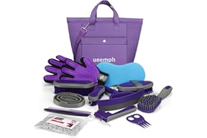 Ueemph Horse Grooming Kit (12-Piece): Brushes, Storage Bag, Sweat Scraper, Mane Comb, Grooming Gloves - Purple Horse Gifts for Girls