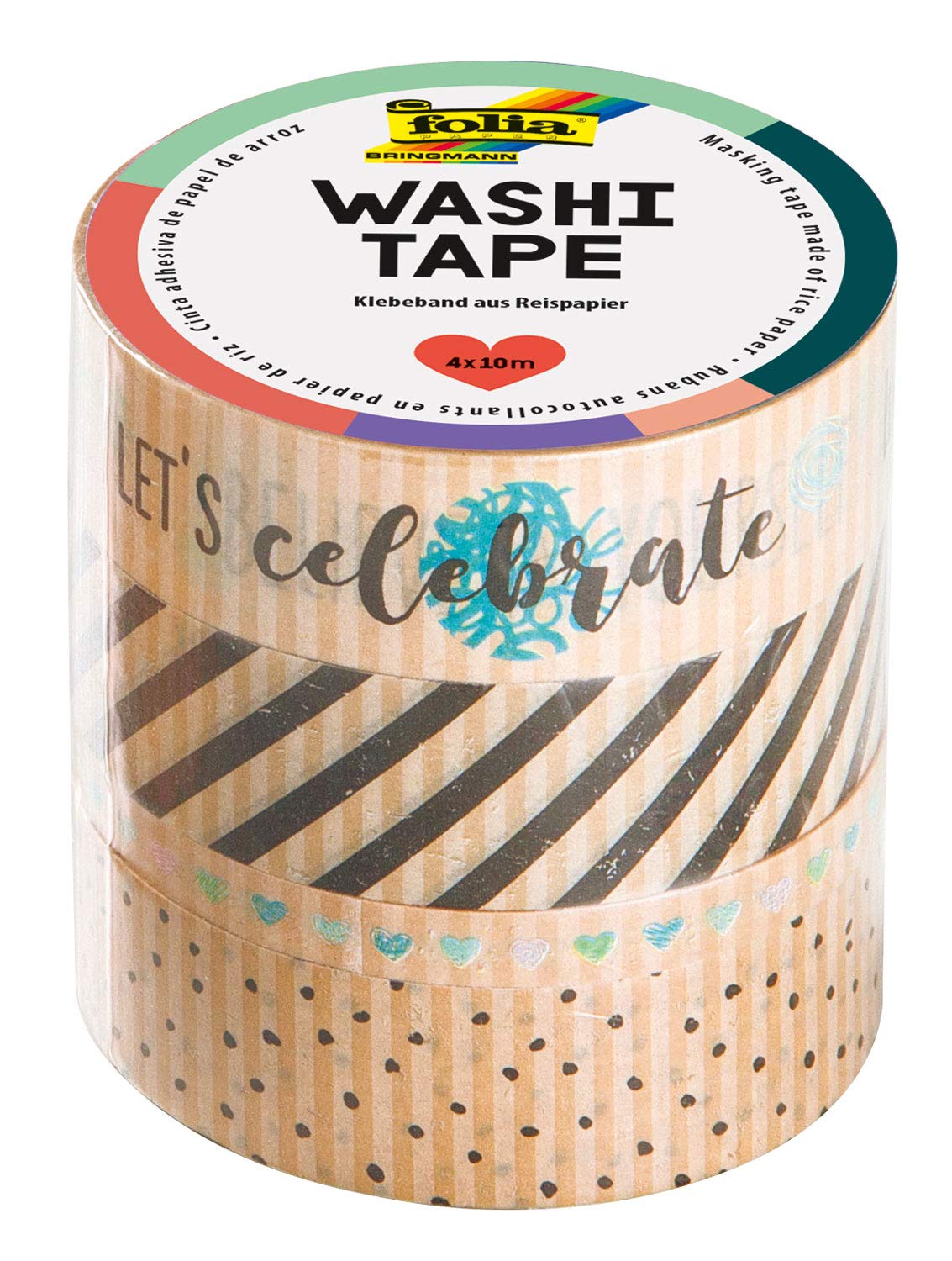 folia 26447 - Washi Tape Made of Rice Paper Set of 4 Kraft Paper "Let's Celebrate", 3 Rolls 10 m x 15 mm and 1 Roll 10 m x 5 mm, Ideal for Embellishment and Decorating, Scrapbooking