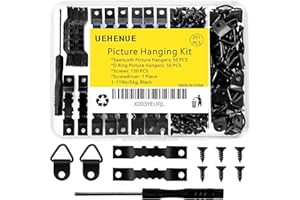 UEHENUE 251 Pcs Picture Hanging Kit, Include 50 Sawtooth Picture Hangers, 50 D Rings, 150 Screws and Screwdriver, Heavy Duty Picture Frame Hanging Hardware for Wall Artworks Frame Canvas Mounting