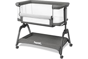 Papablic Baby Bassinet, Bedside Bassinet for Baby with Four-Sided Breathable Mesh & Soft Mattress, Adjustable Bassinet Bedside Sleeper with Storage Basket and Wheels, Easy to Assemble, Gray