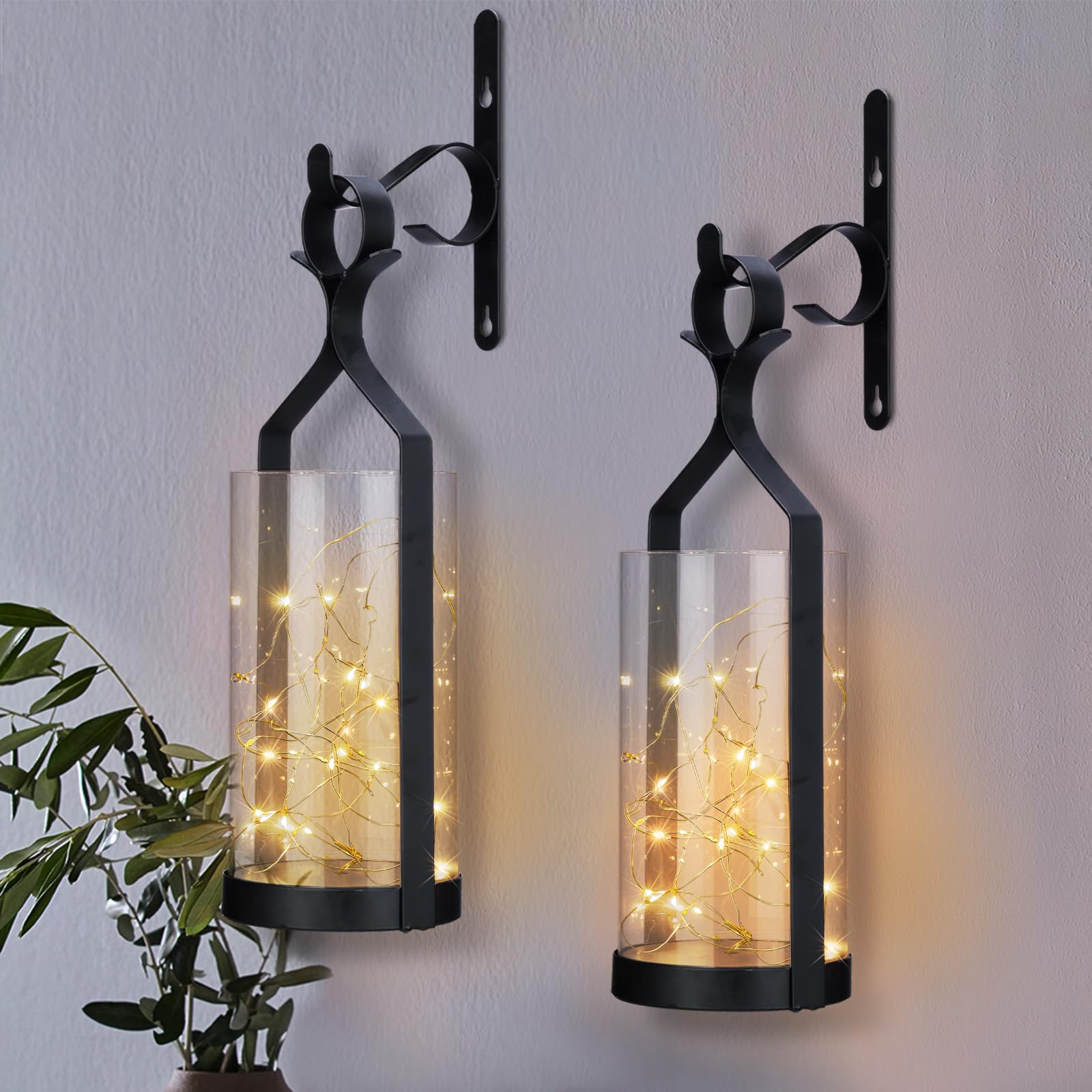 Photo 1 of Metal Wall Sconce 35 Led Lantern Set of 2 - Black Wall Mounted Hanging Holder with Glass & Candles Vintage Wall Decor for Porch, Living Room, Dining Room, Bedroom Indoor Decor