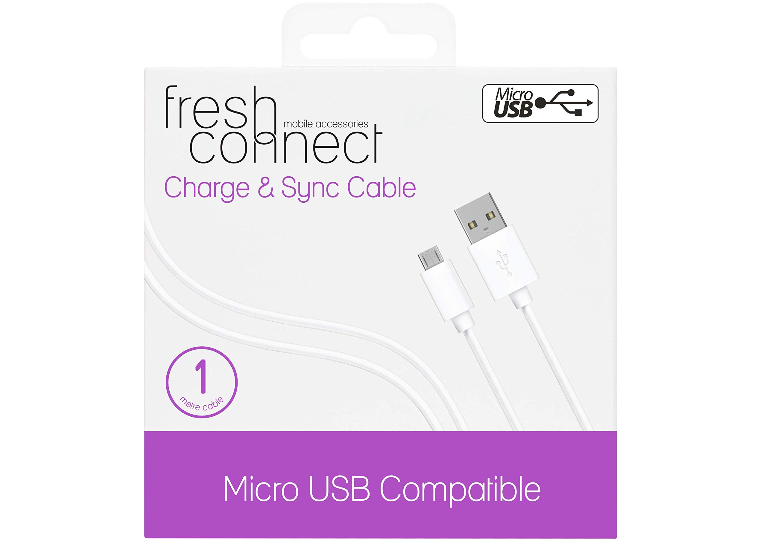 Fresh Connect 1m Micro USB, Charge and Sync Cable, for Samsung, Nokia, HTC, Huawei & Sony - White