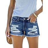 MIFOCAL Women's Mid Rise Ripped Stretchy Jean Shorts Frayed Raw Hem Casual Denim Shorts