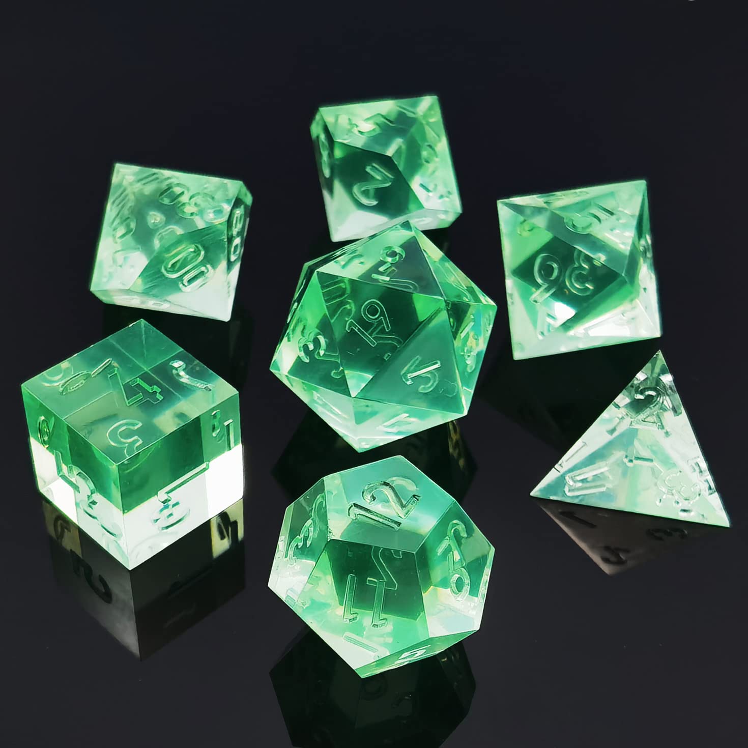 Bescon Crystal Clear (Unpainted) Sharp Edge DND Dice Set of 7, Razor Edged Polyhedral D&D Dice Set for Dungeons and Dragons Role Playing Games, MintGreen Color