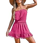 CUPSHE Women's Swimsuit Coverup Strapless Tube Dress Smocked Pom Pom Casual Beach Sundress