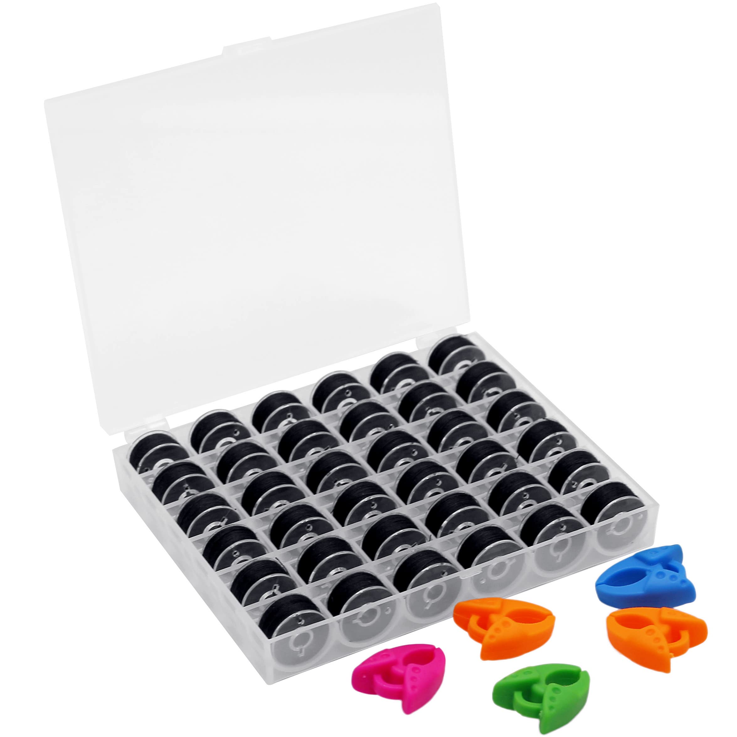 YEQIN 36Pcs Sewing Machine Bobbin Threads with Storage Case Box and Bobbin Clamps, Pre-Wound Bobbins Set for Brother Babylock Janome Elna Kenmore Babylock Singer Sewing Machine (Black)