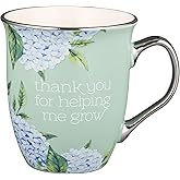 WITH LOVE Inspirational Coffee Mug for Teachers/Mentors Thank You for Helping Me Grow Blue Hydrangea Mint/Cream Ceramic Drinking Cup, Large 14oz