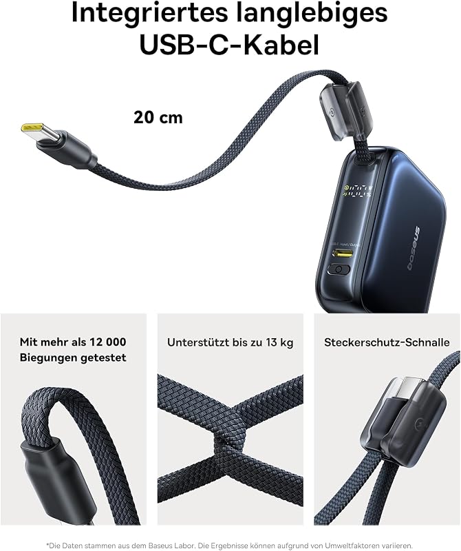 AC22 Mini Powerbank 10000mAh, 45W PD Schnellladung, Externer Handyakku mit integriertem USB-C Kabel & LED-Digitalanzeige, Ultra Mini im Taschenformat für iPhone Duo/18/17/16/15, Samsung S26/S25