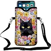 Braytow Universal Neoprene Cell Phone Pouch 7.1 X 4 in Mobile Protection Case Bag with Crossbody Strap/Neck Lanyard Black Cat Floral Printed Pattern