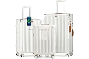 Joyway 3 Piece Set Hardside Expandable Luggage with USB Charging Port and Cup Holder, TSA Lock Spinner Wheels Suitcase for International Travel, Lightweight Carry On Checked Baggage, White