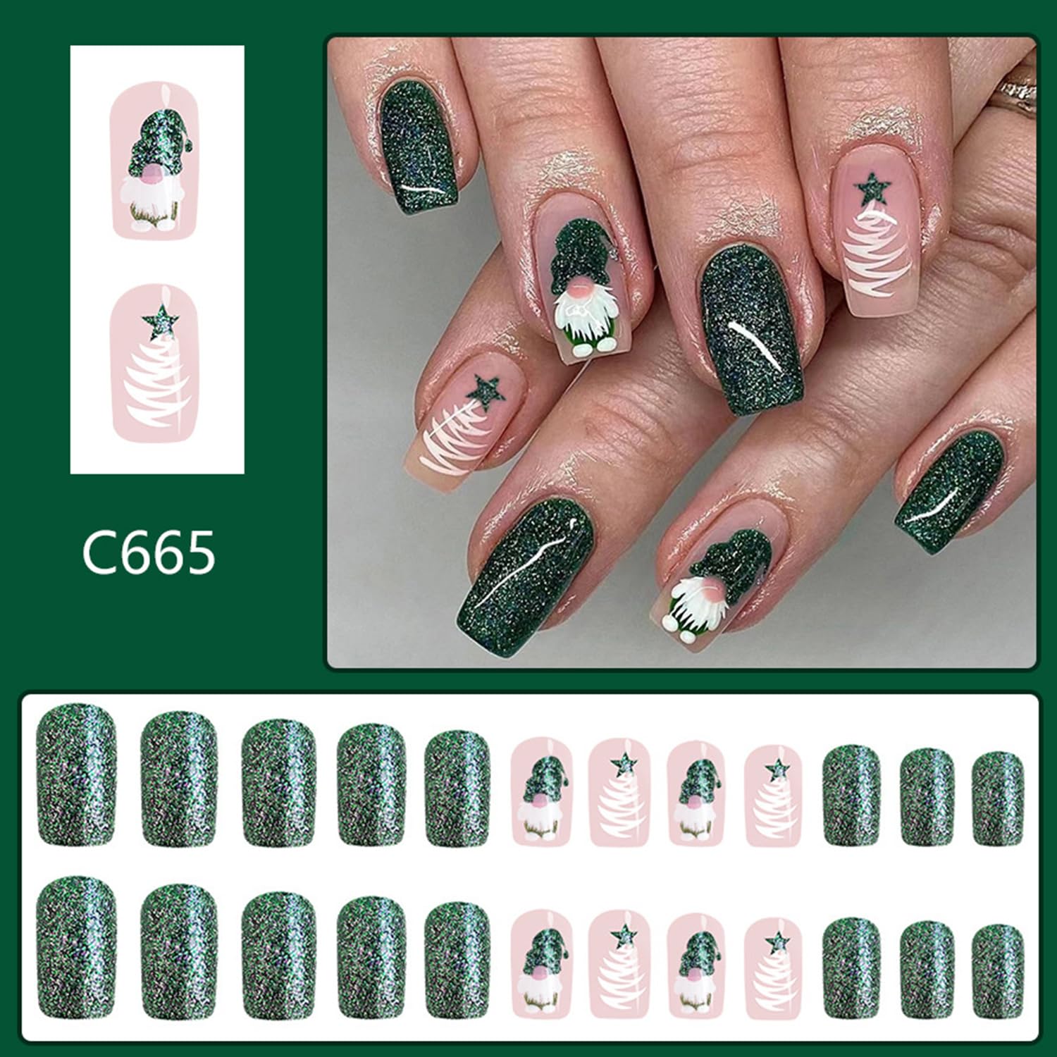 Christmas Press On Green Glitter Gnome Glue On Medium Square False Nails - Winter Xmas Acrylic Nails for Women & Girls - Image 6