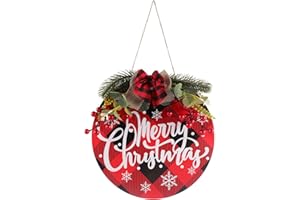 JARGEBUR Merry Christmas Wreath Door Sign Decorations Christmas Sign for Front Door, Buffalo Plaid Natural Wood Round Xmas Decor With Bow for Holiday Wreath Farmhouse Wall Porch Fireplace Decor Indoor Outdoor