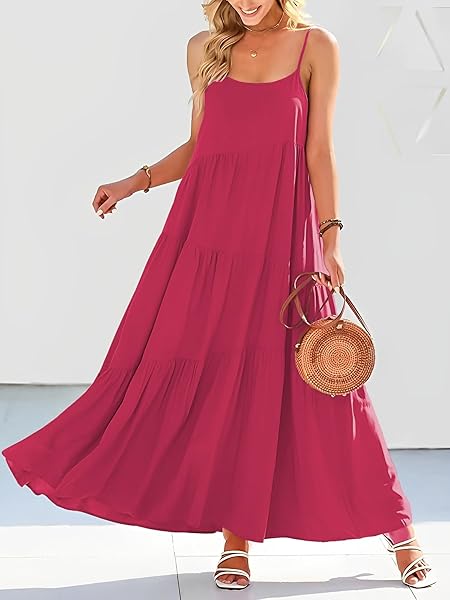 LCRRRN WOMENS FLOWY SUMMER DRESSES 2025 CASUAL LONG SLEEVELESS SPAGHETTI STRAP SUNDRESS ASYMMETRIC TIERED BEACH MAXI DRESS ROSE RED