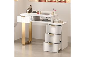 Belandi Manicure Table for Nail Tech, Nail Desk Station with Dust Collector & LED Lights, Acetone Resistant Beauty Salon Workstation w/4 Drawers, Golden Leg (White)