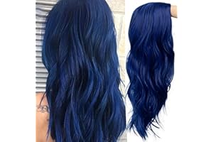 Baruisi Blue Wigs for Women Long Curly Wavy Synthetic Hair Wig Natural Middle Parting Heat Resistant Costume Cosplay Wig