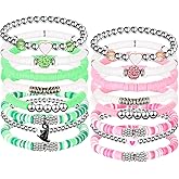 Tondiamo 16 Pcs Witch Friendship Bracelets Witch Hat Magic Wand Crown Bracelets for Women Stackable Beaded Friendship Stretch Bracelets for Witches Party Dress Decor, Pink Green