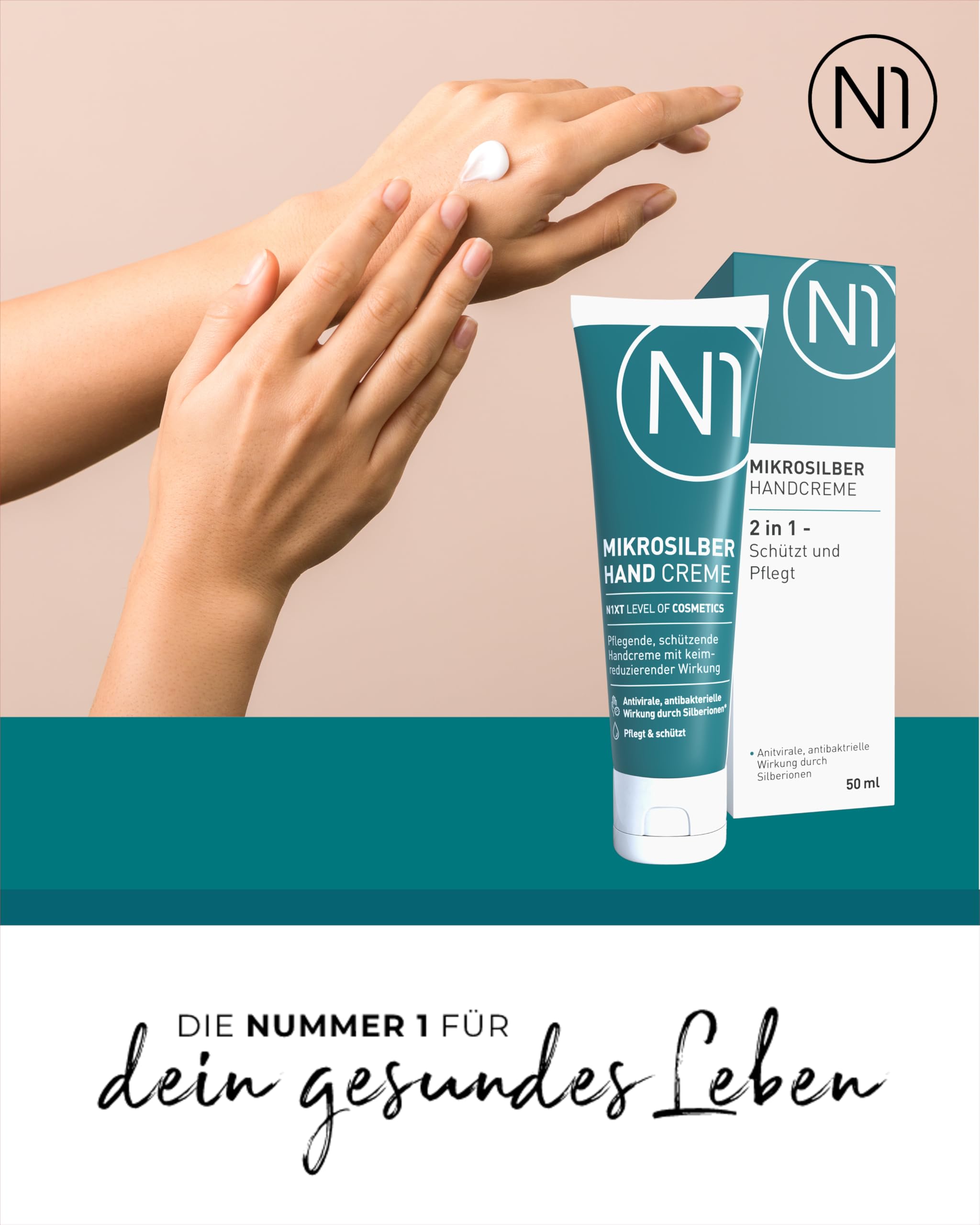 N1 Mikrosilber Handcreme für sehr trockene Hände 250ml [inkl. Desinfektion] - Handcreme rissige Hände + Desinfektionsmittel für Hände in einem Produkt 6