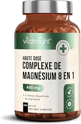 Magnésium Complex 8-en-1 | 200 mg | 240 Gélules Végétaliennes | Magnesium Bisglycinate, Citrate, Malate, Taurate | Complément pour Muscles, Énergie et Fatigue | 8 Mois | VitaBright