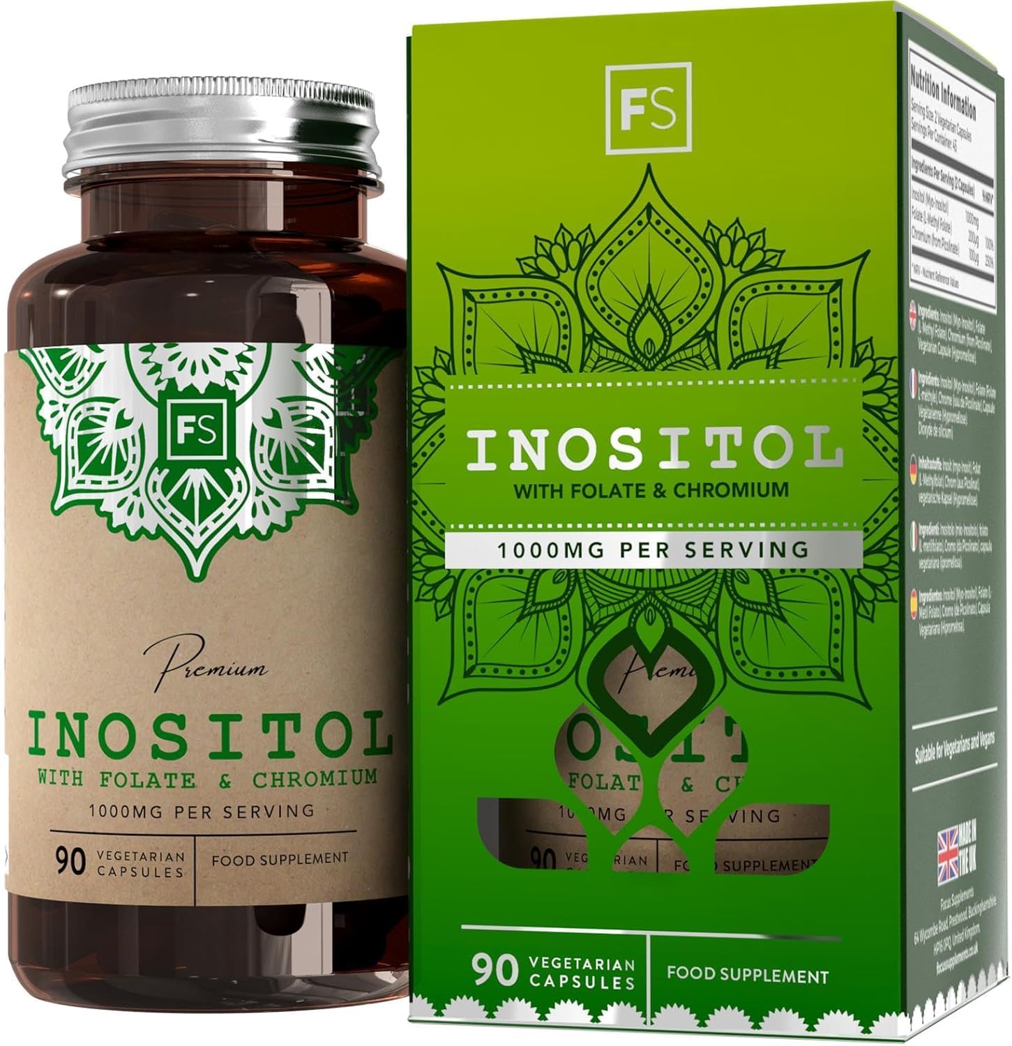FS Inositol | 90 Myo Inositol Capsules with Folate & Chromium | High Strength 1000mg Myo-Inositol 200mg Folate & 100mg Chromium per Serving per Serving Supplements for Women | Non-GMO & Allergen Free