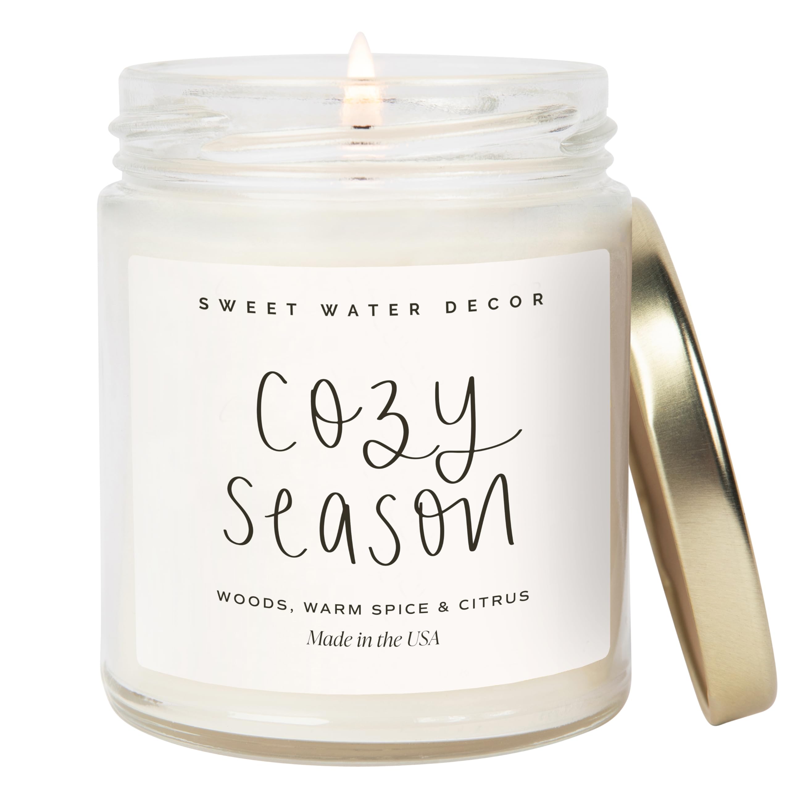 Photo 1 of Sweet Water Decor Cozy Season Candle - Woods, Warm Spice, and Citrus Autumn Scented Soy Candles for Home - 9oz Clear Jar, 40 Hour Burn Time, Made in The USA