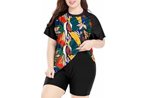 Davena Women's Plus Size 2 Piece Rash Guard Short Sleeve Swimsuit with Boyshorts Swim Shirt UPF 50+